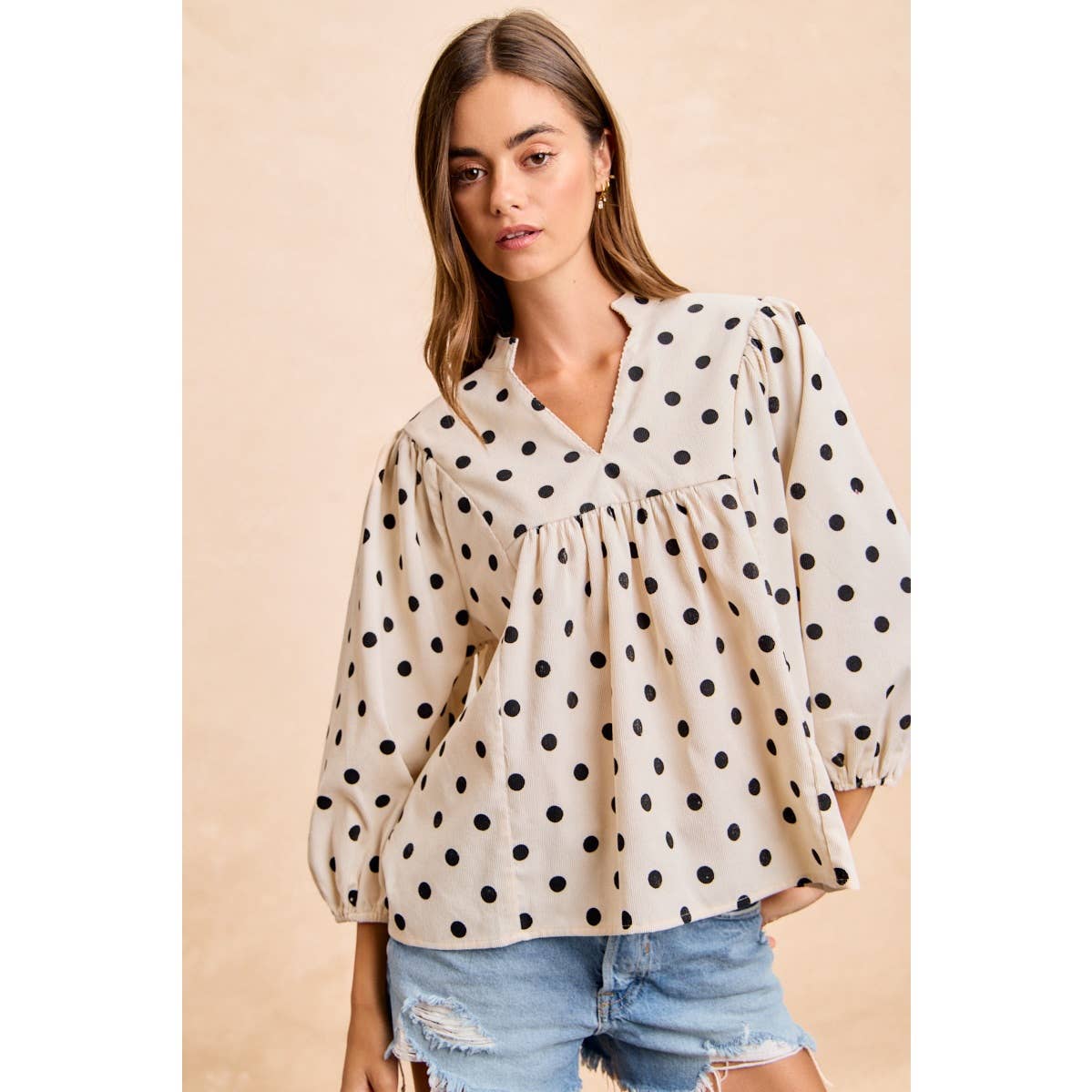 POLKA DOT CORDUROY QUARTER SLEEVES V NECK TOP