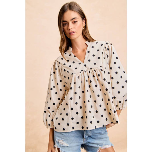 POLKA DOT CORDUROY QUARTER SLEEVES V NECK TOP