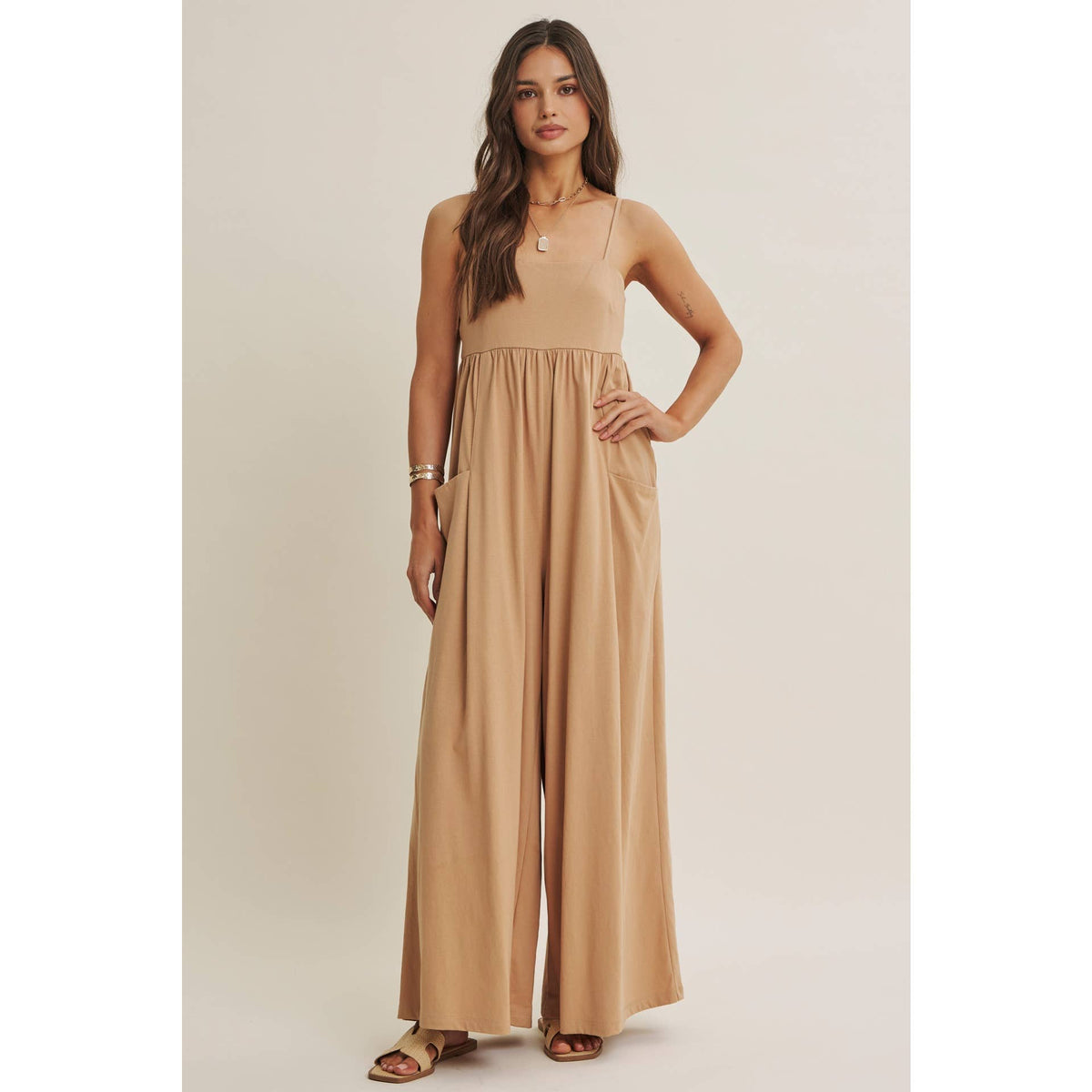 SLOW SUMMER FLOWY WIDE-LEG COTTON KNIT JUMPSUIT