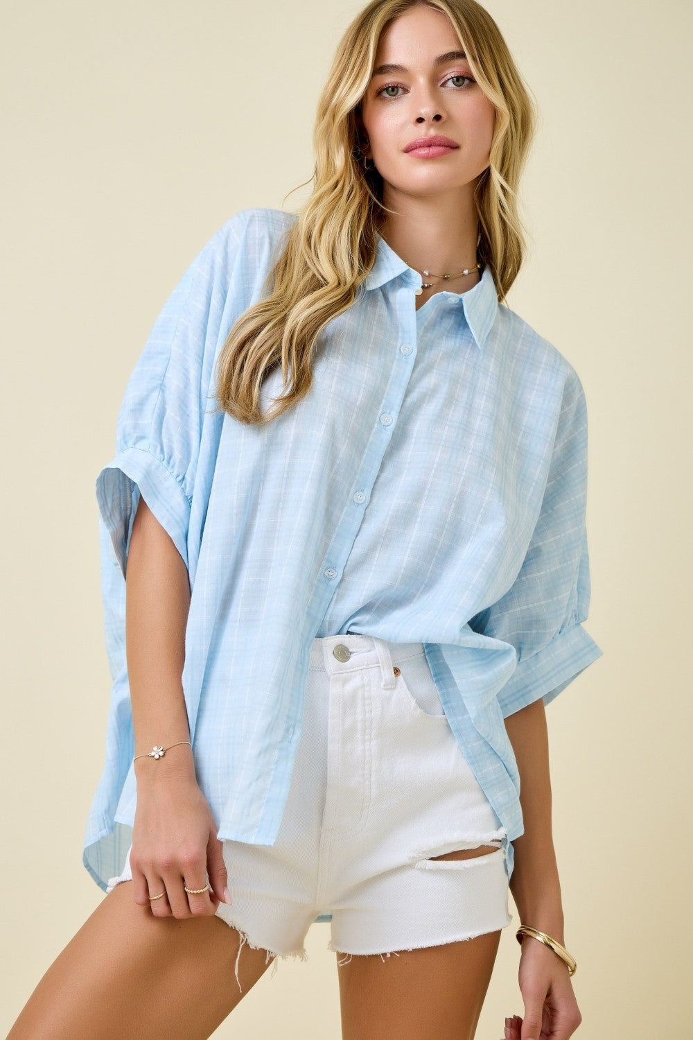 Button Down Textured Check Oversized Shirt Top