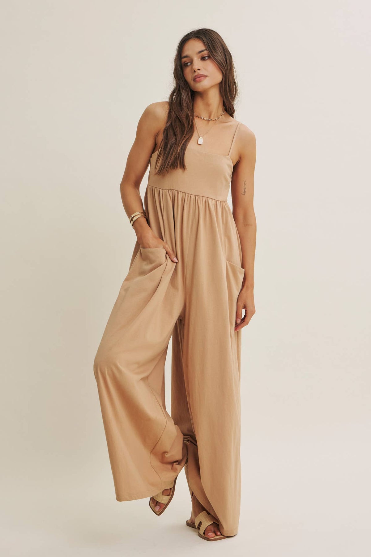 SLOW SUMMER FLOWY WIDE-LEG COTTON KNIT JUMPSUIT