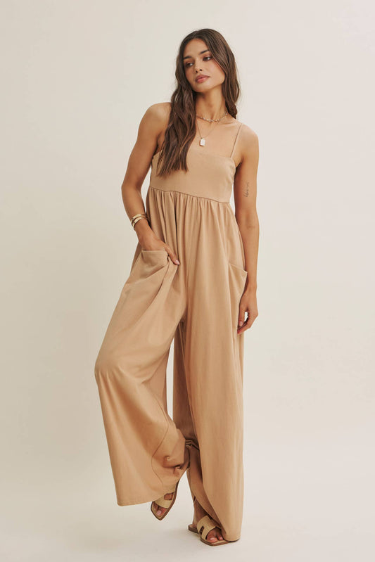 SLOW SUMMER FLOWY WIDE-LEG COTTON KNIT JUMPSUIT