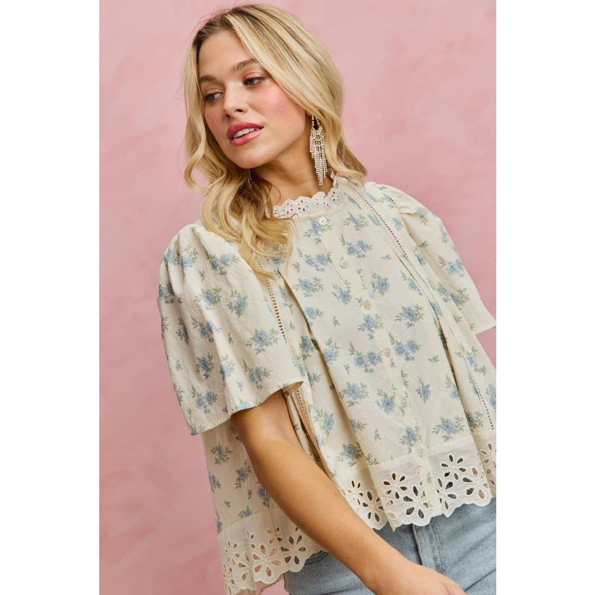 FLORAL PRINT LACE TRIM FLUTTER SLEEVES BLOUSE