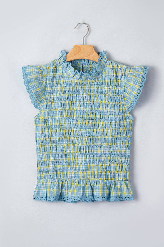 Gingham Smocked Lace Trim Tank Top