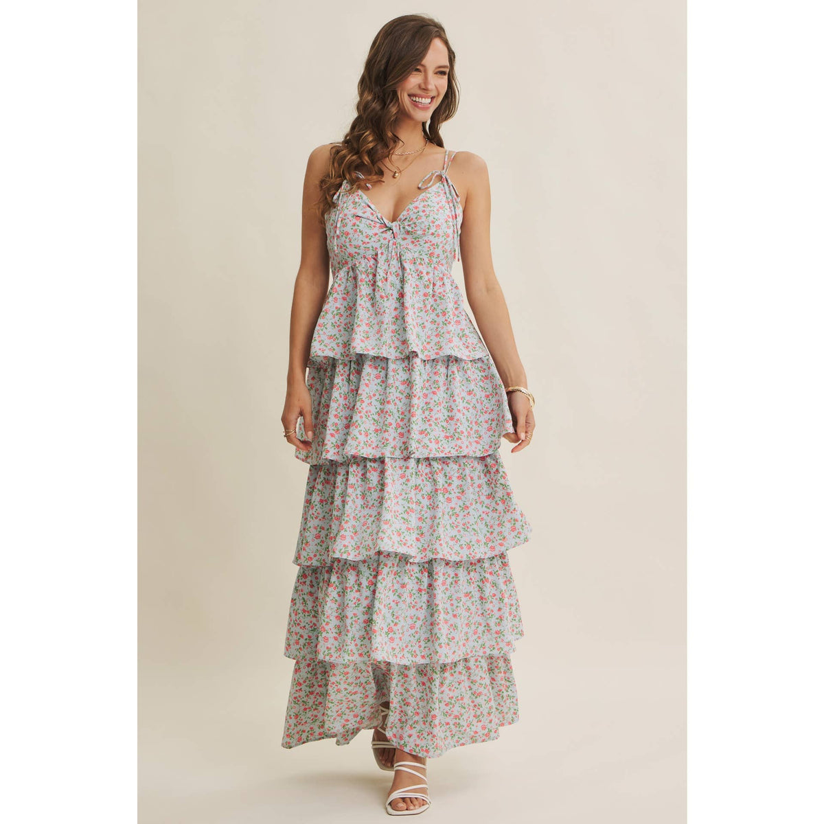 MORNING MEADOW TWISTED FRONT TIERED SMOCKED MAXI DRESS