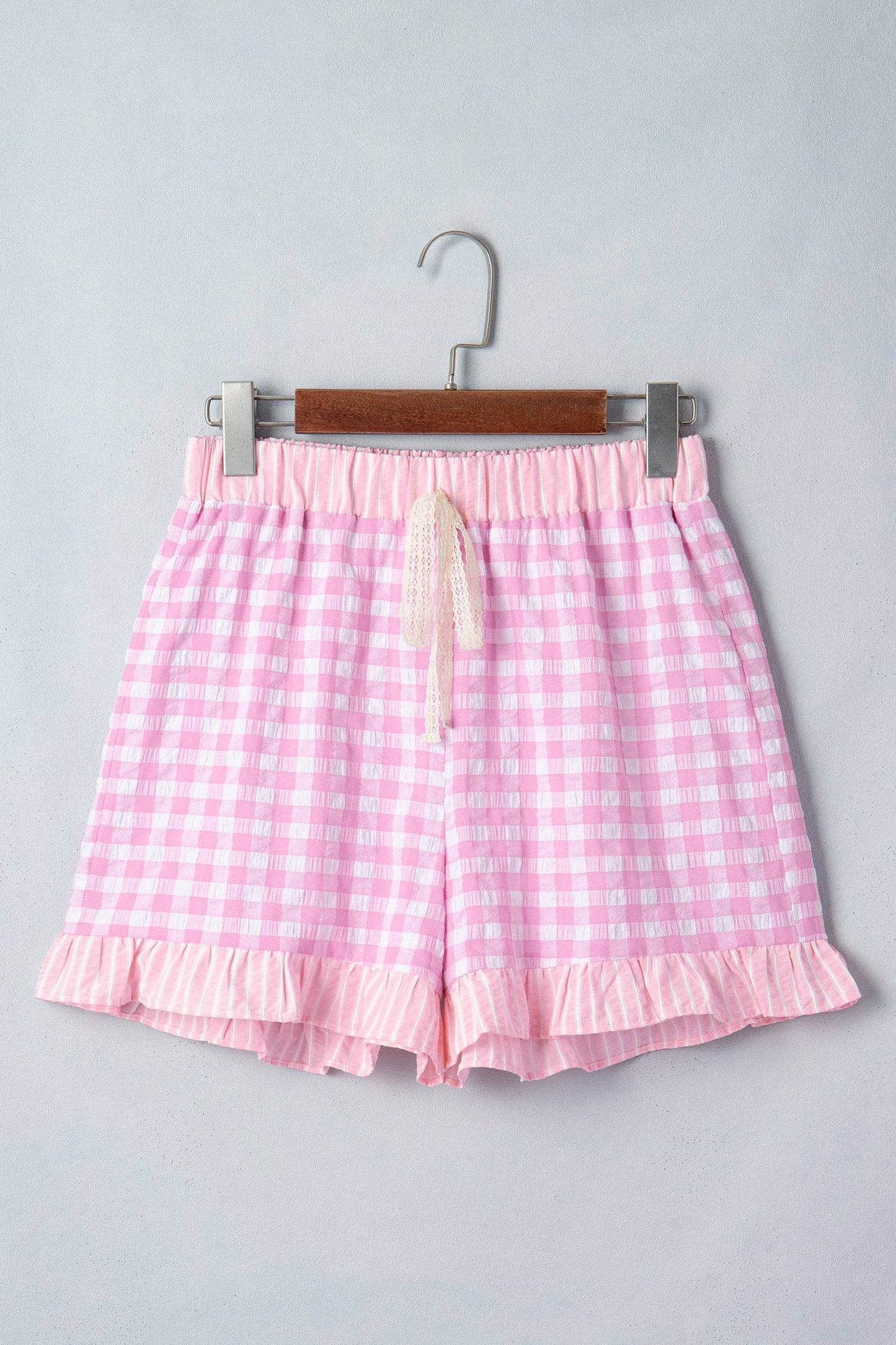 Gingham Ruffle Stripe Lace Tie Shorts