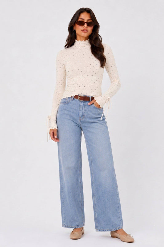 POLKA DOT RUFFLED TRIM LONG SLEEVE TOP