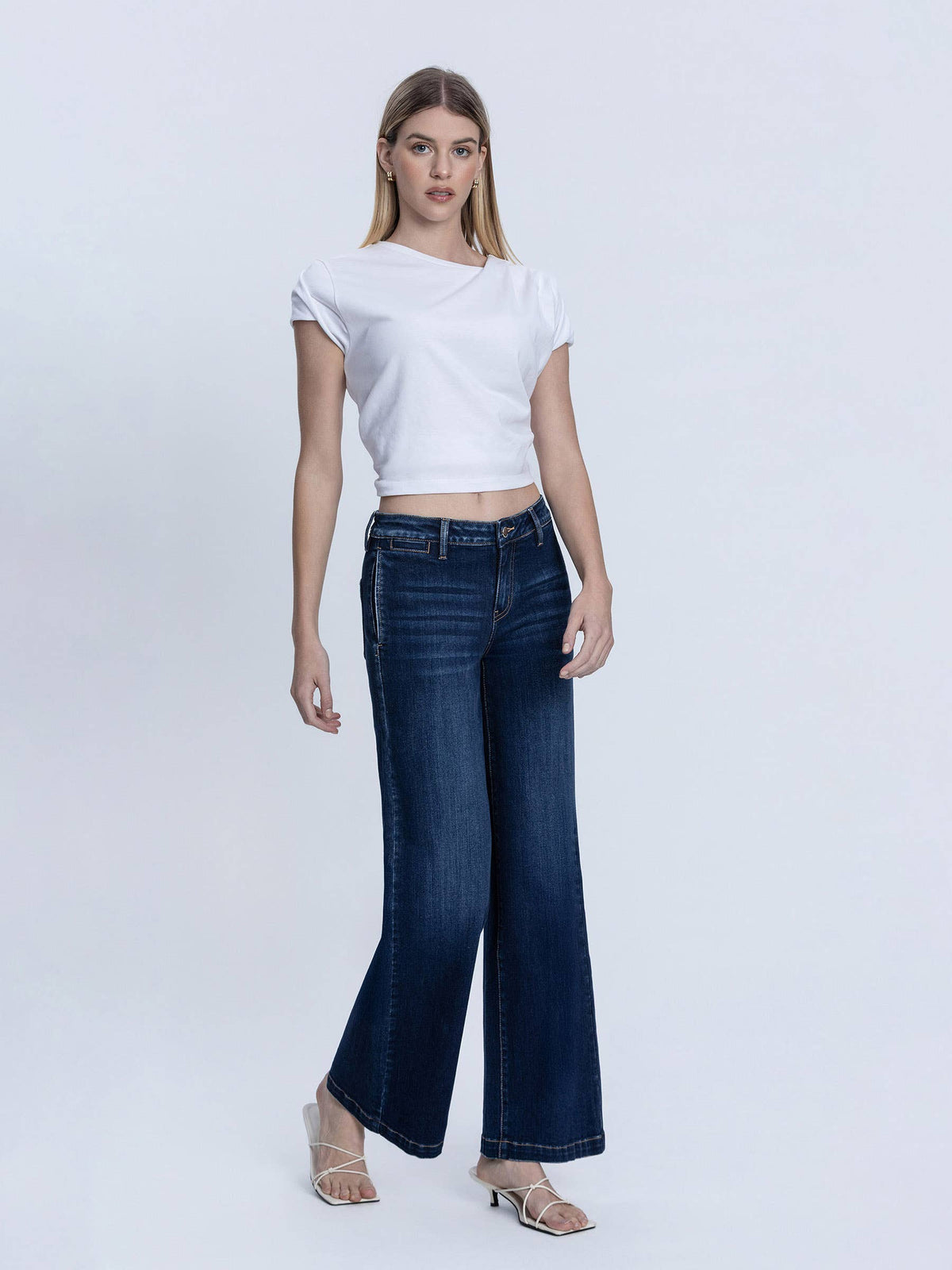 MID RISE TROUSER HEM DARK WASH WIDE JEANS