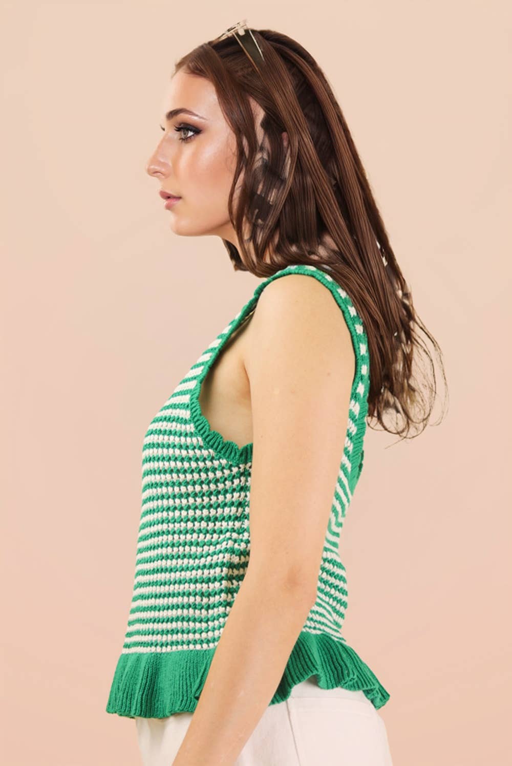 Ruffle Hem Stripe Sleeveless Knit Sweater Top