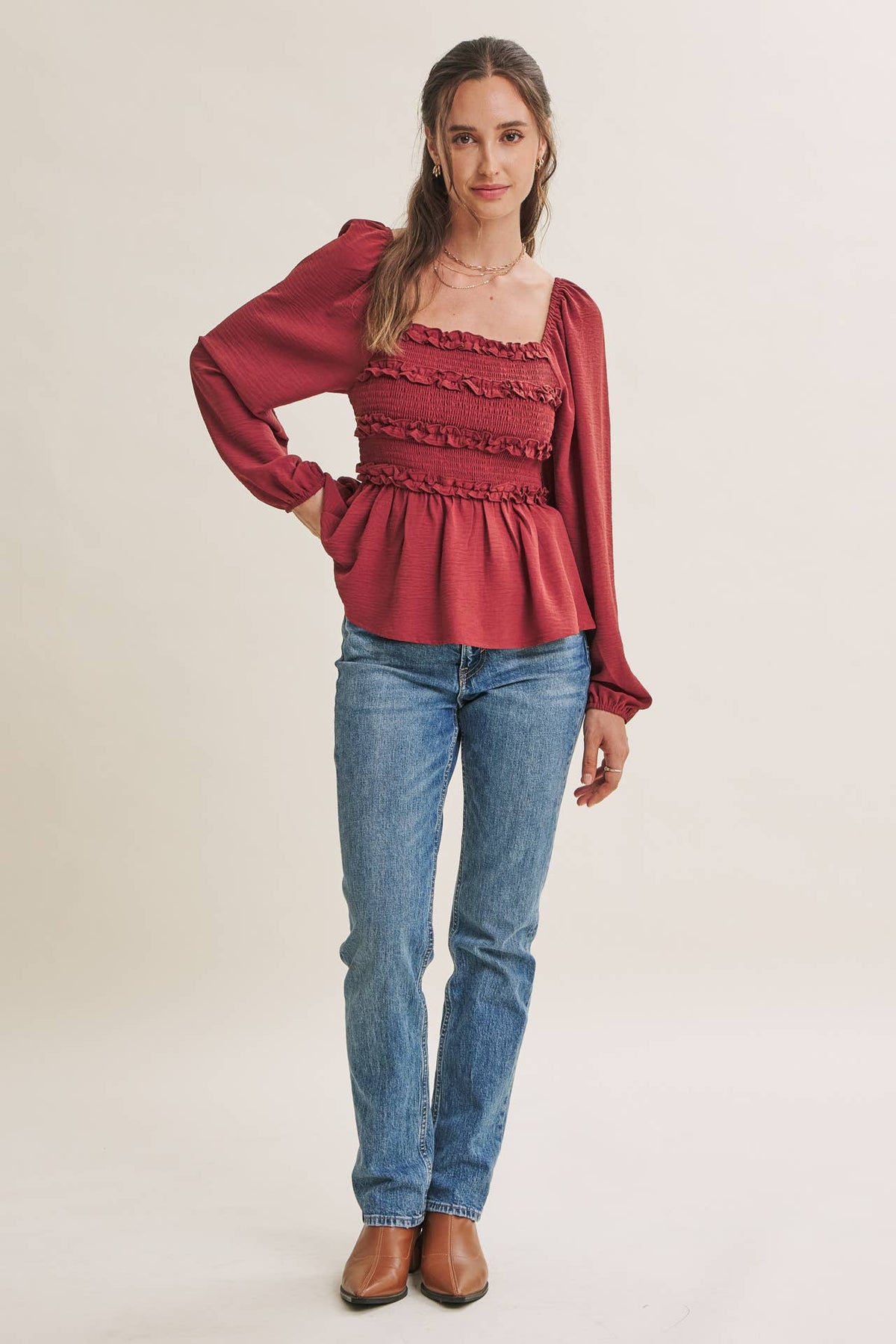 ROSEWOOD EVENING SQUARE NECK SMOCKED PEPLUM BLOUSE