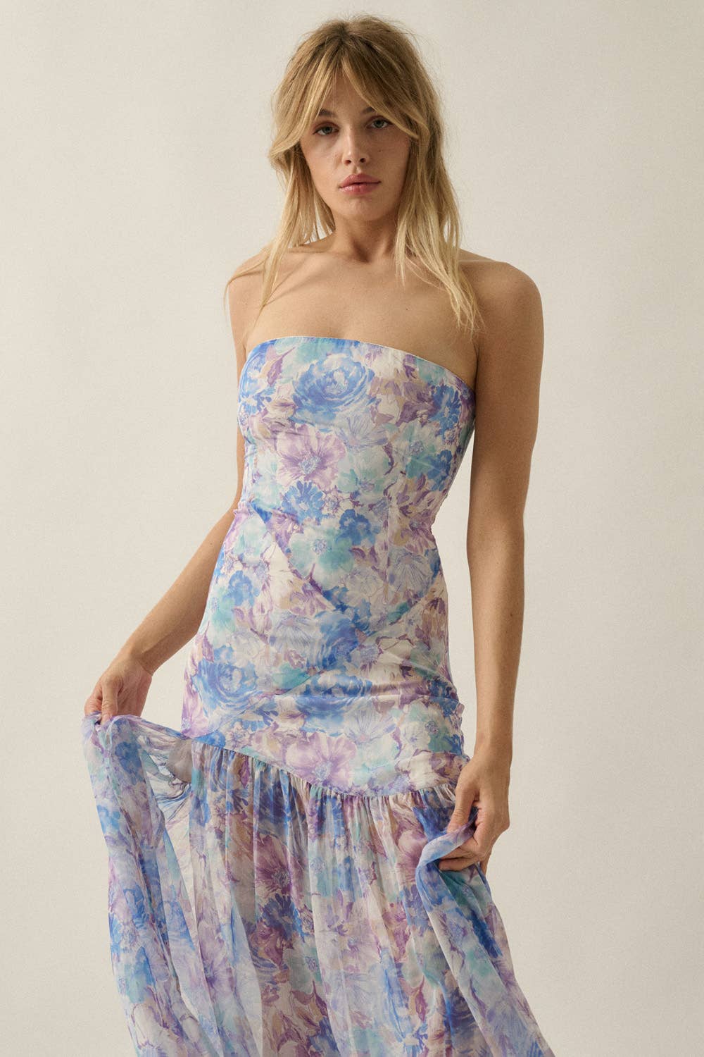 Floral Chiffon Asymmetrical Strapless Drop-Waist Maxi Dress