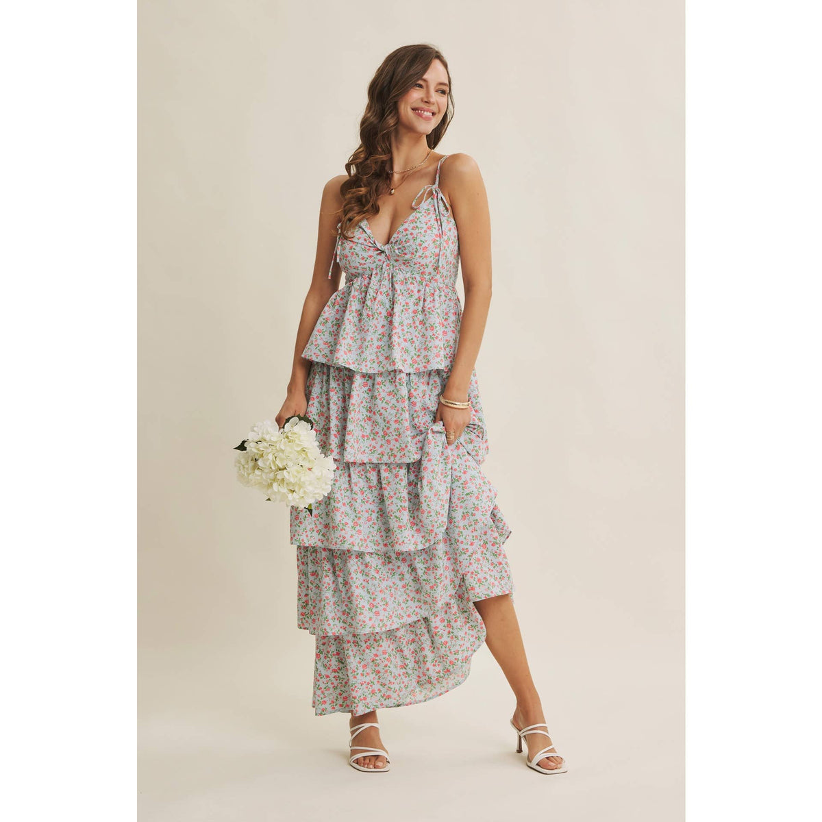 MORNING MEADOW TWISTED FRONT TIERED SMOCKED MAXI DRESS