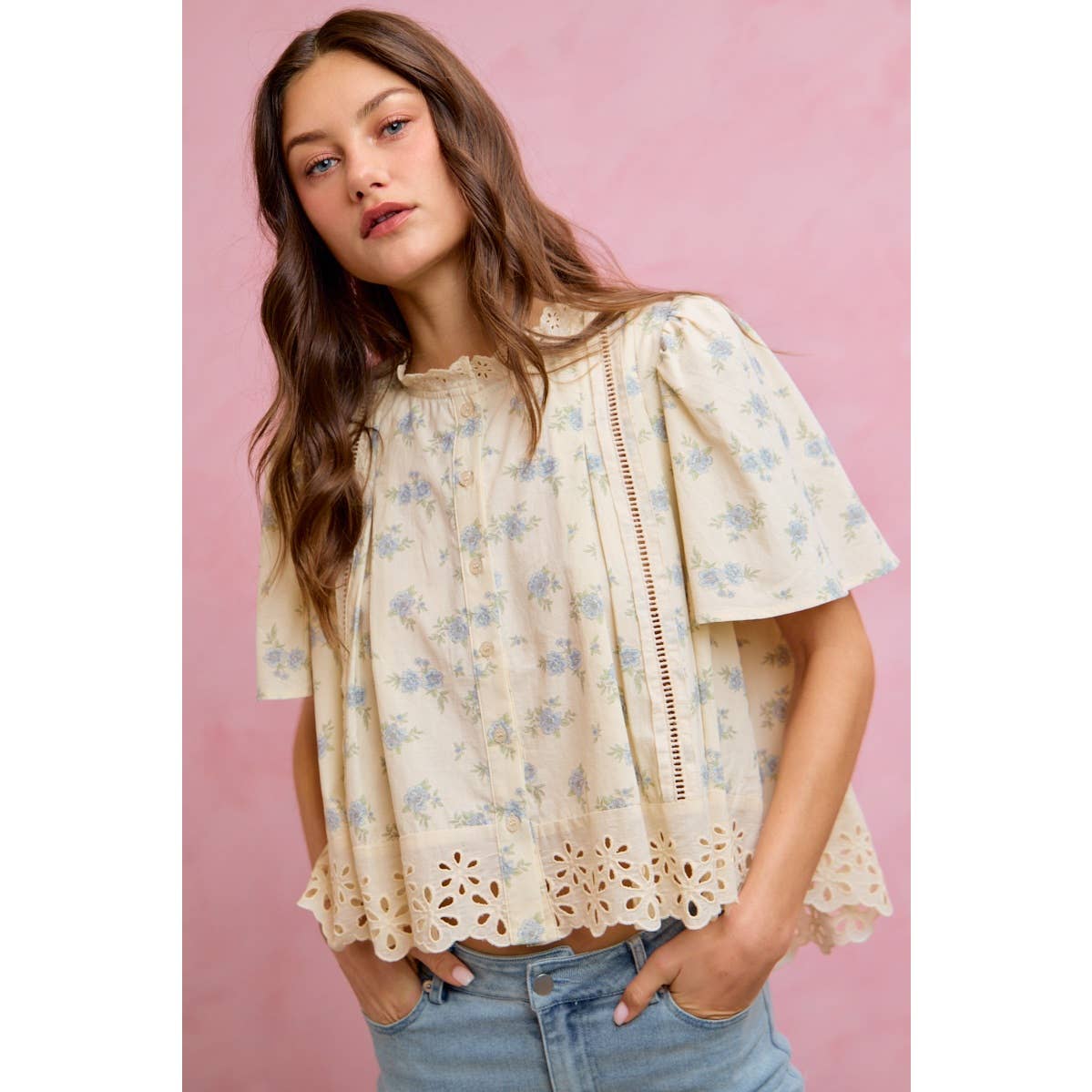 FLORAL PRINT LACE TRIM FLUTTER SLEEVES BLOUSE