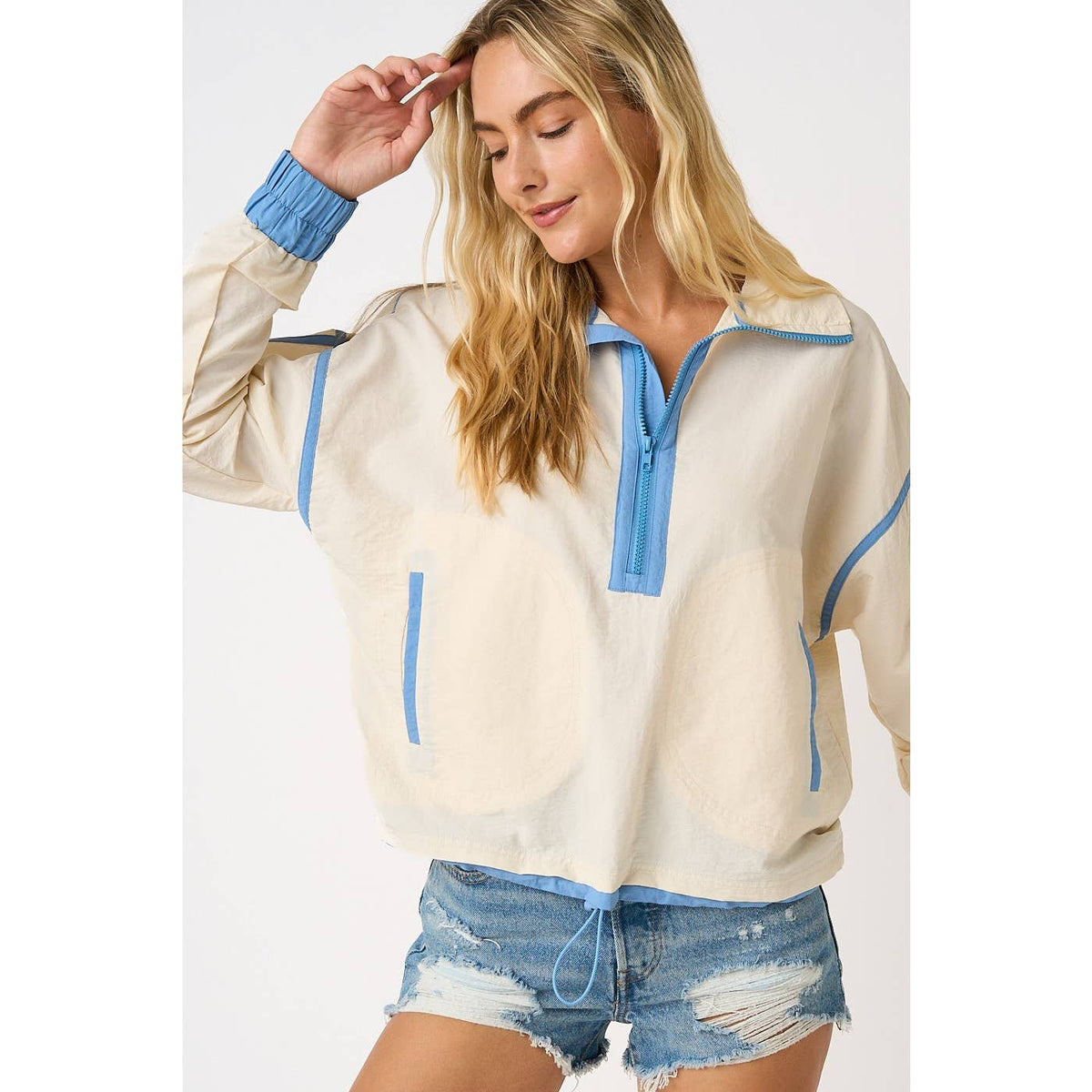 SPORTY STRIPE NYLON CONTRAST HALF ZIP PULLOVER