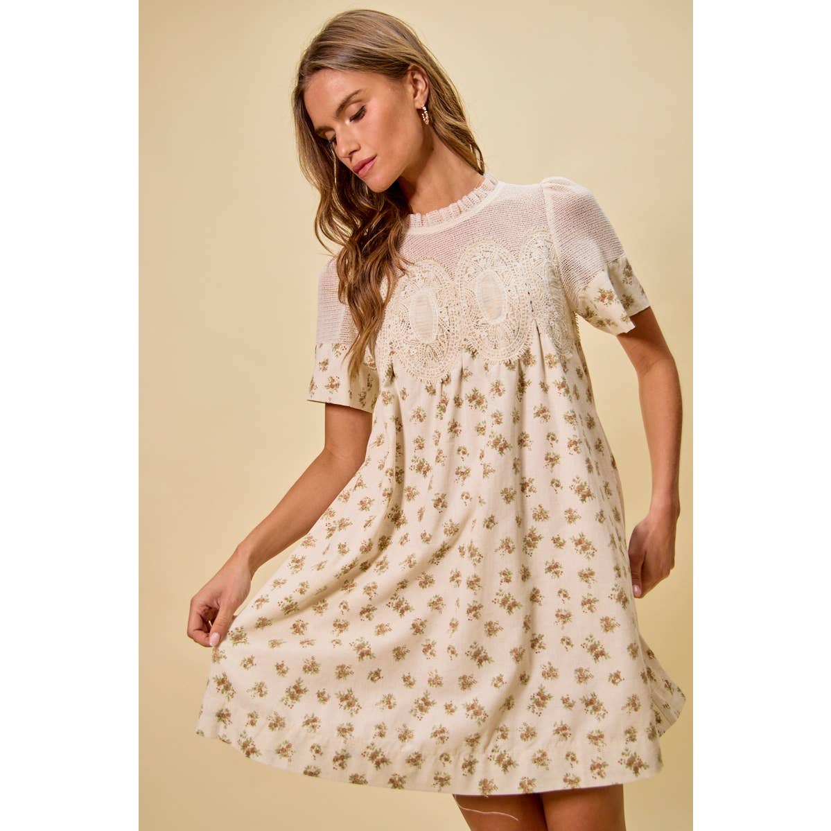 FLORAL PRINT LACE TRIM SHORT SLEEVES MINI DRESS