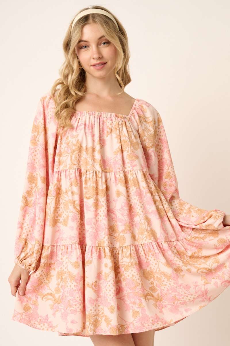 PAISLEY FLOWER PRINT SQUARE NECK BABYDOLL DRESS