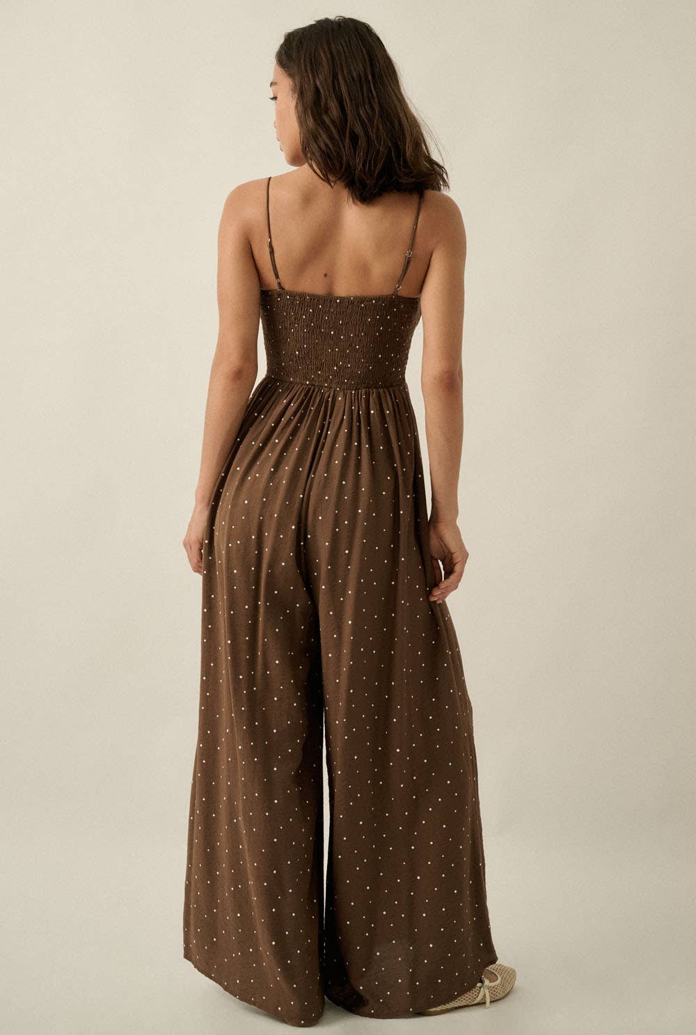 Polka Dot-Print Smocked Wide-Leg Pocket Cami Jumpsuit