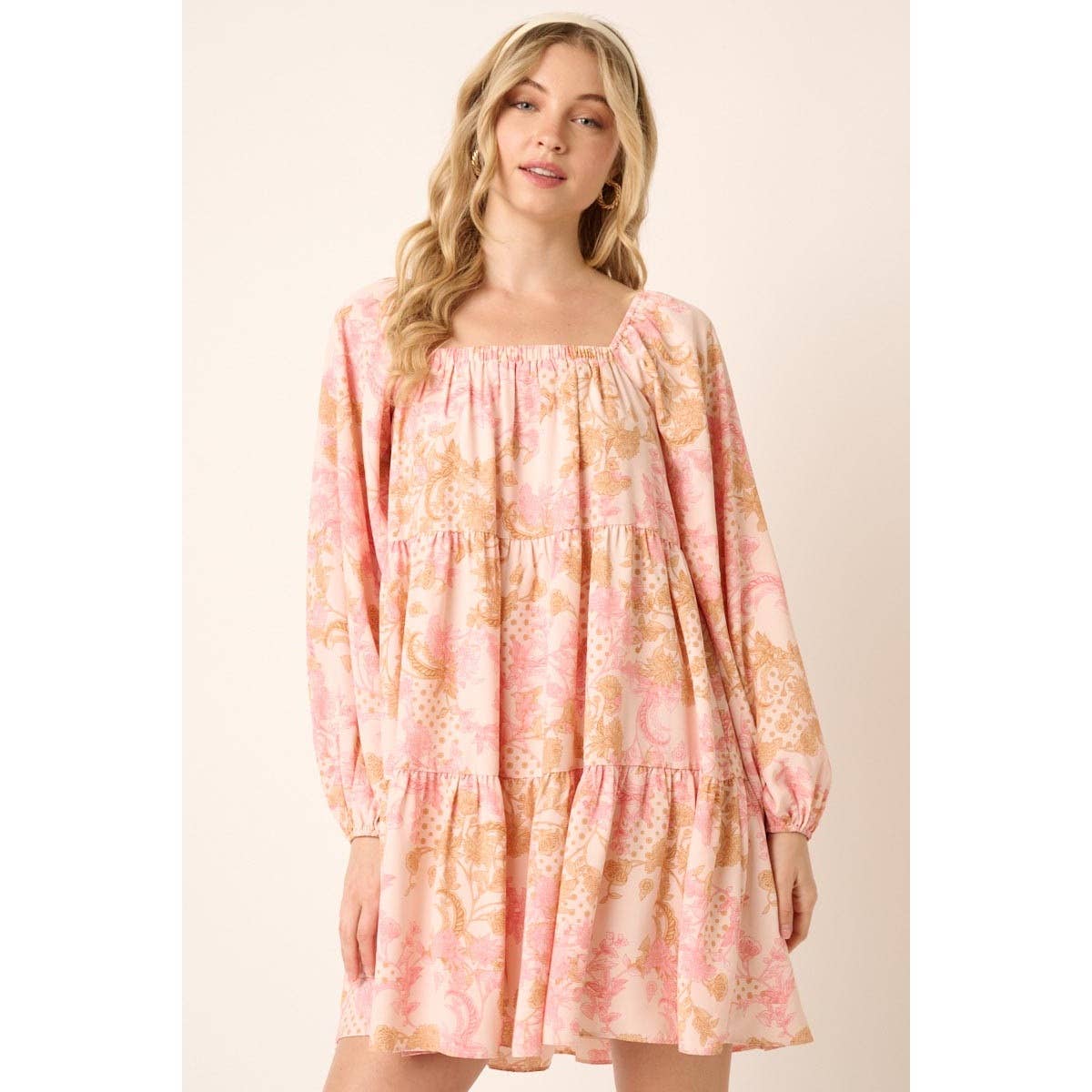 PAISLEY FLOWER PRINT SQUARE NECK BABYDOLL DRESS
