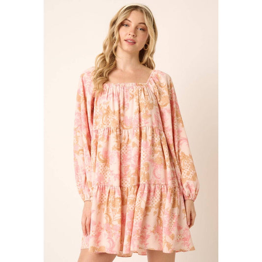 PAISLEY FLOWER PRINT SQUARE NECK BABYDOLL DRESS