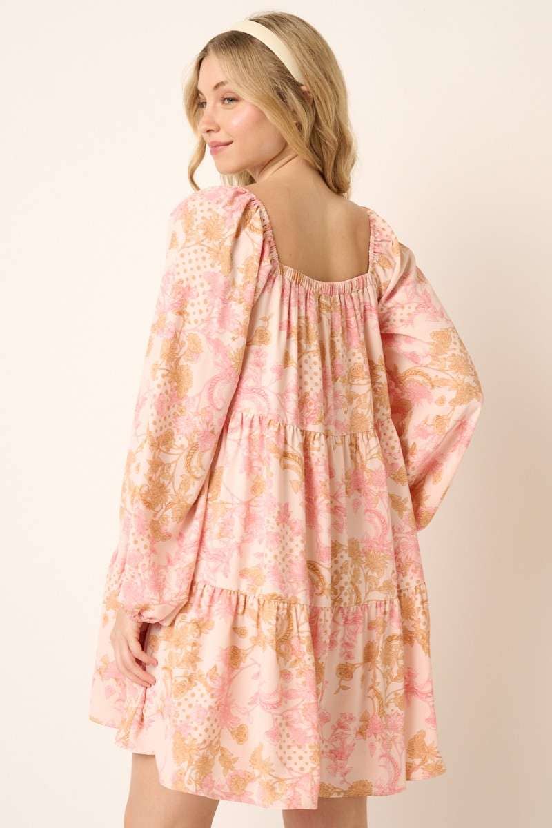 PAISLEY FLOWER PRINT SQUARE NECK BABYDOLL DRESS