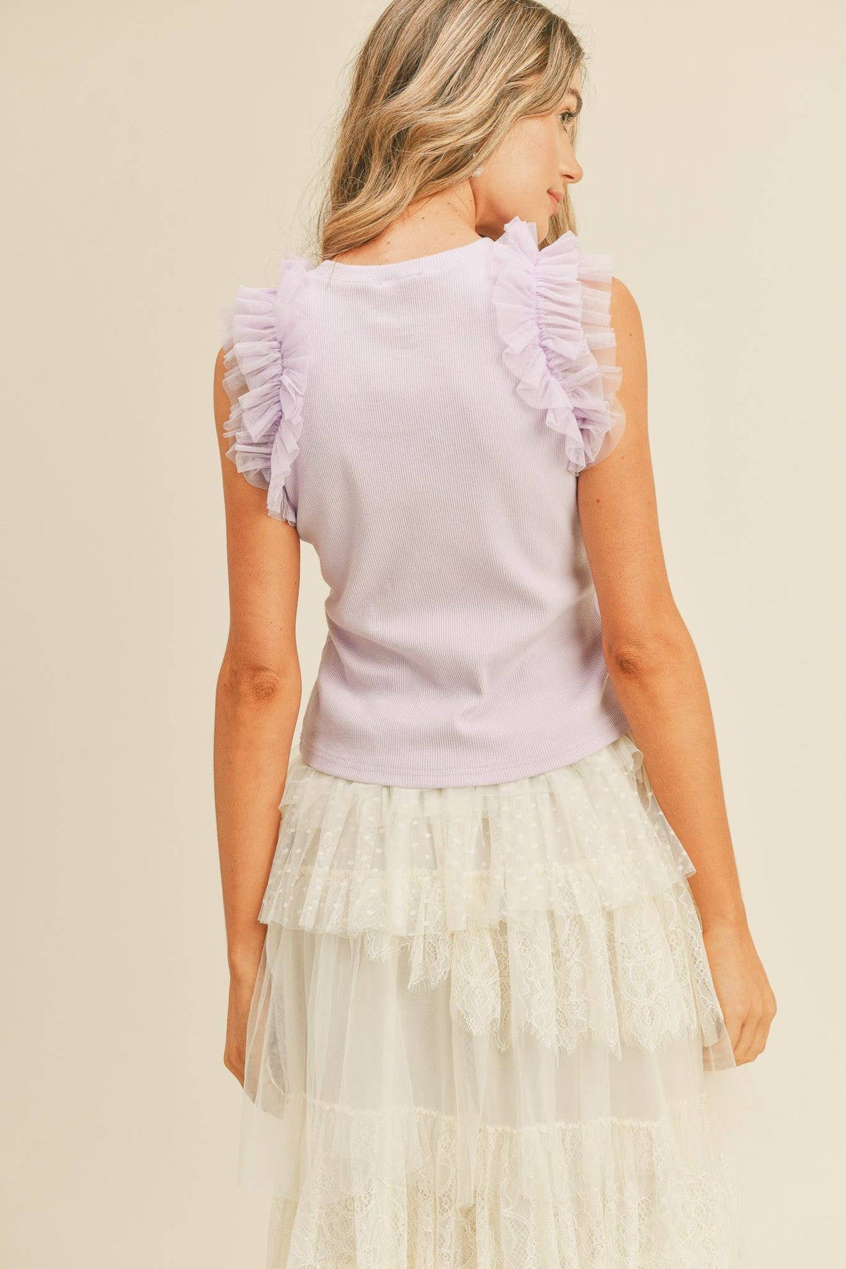 MESH RUFFLE RIBBED KNIT TOP