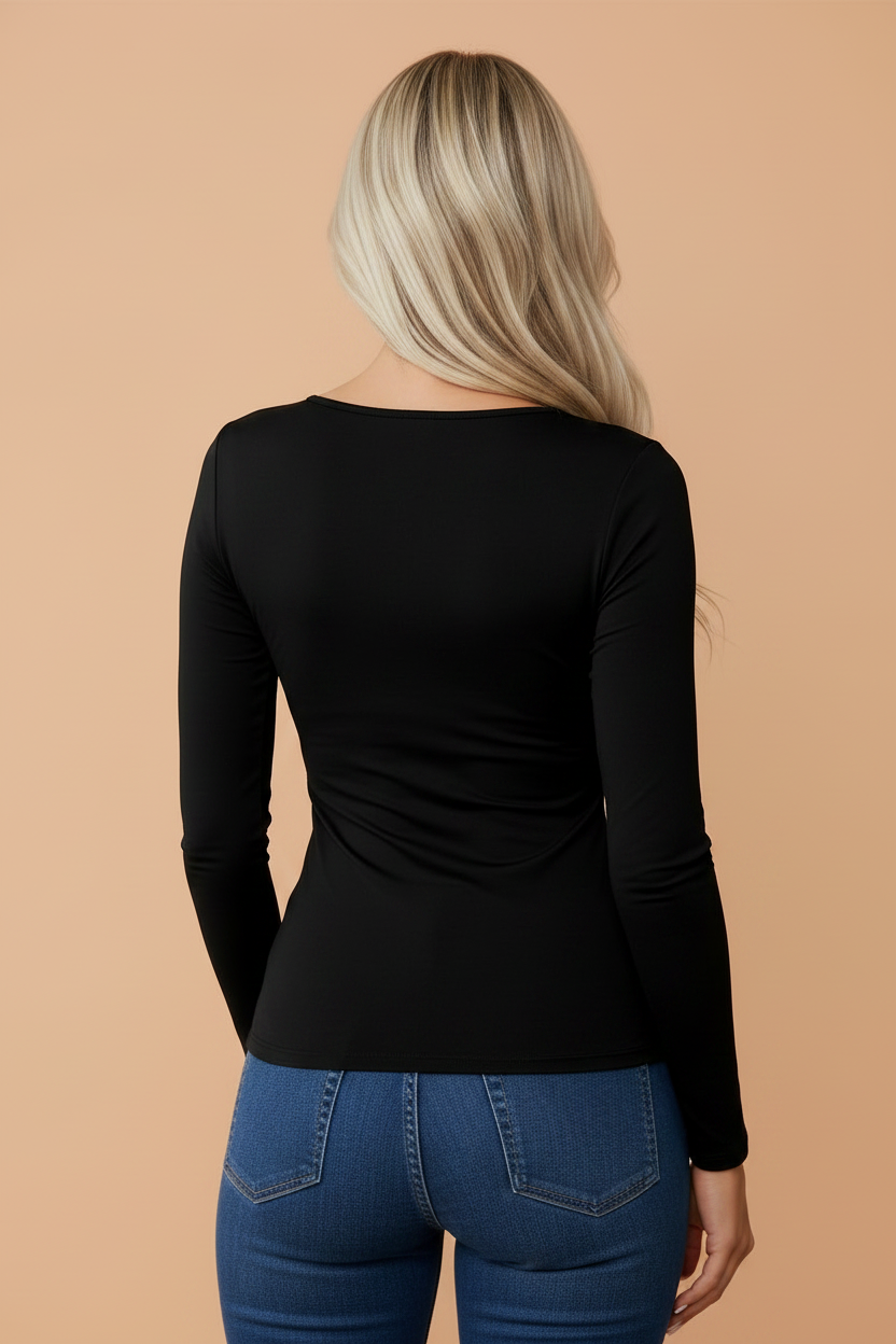 Solid Lace Trim V-Neck Long Sleeve Top