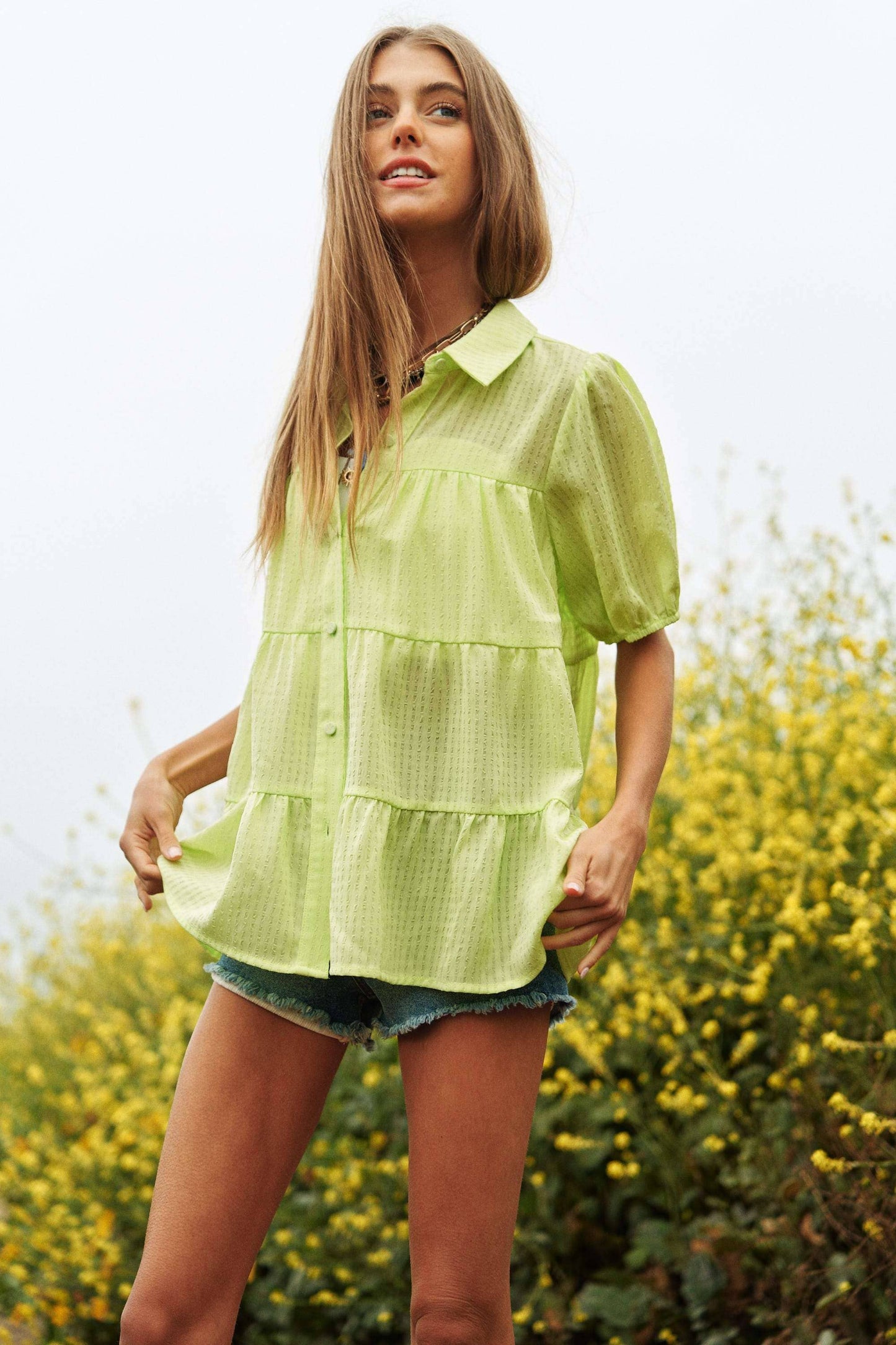 BUTTON DOWN SHORT PUFF SLEEVES BABYDOLL BLOUSE