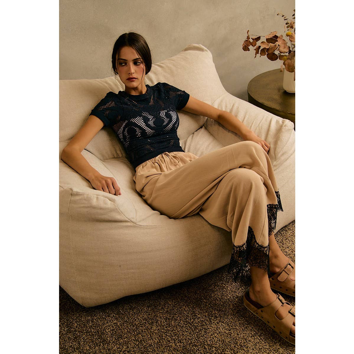 LINEN BLEND LACE TRIM BANDING WAIST PANTS