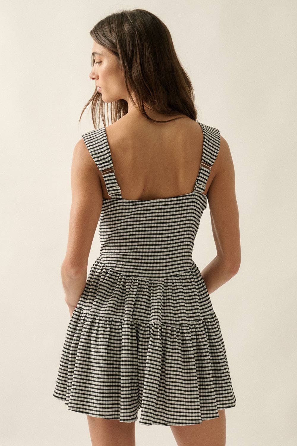 Gingham Sleeveless Fit-and-Flare Tiered Ruffle Romper