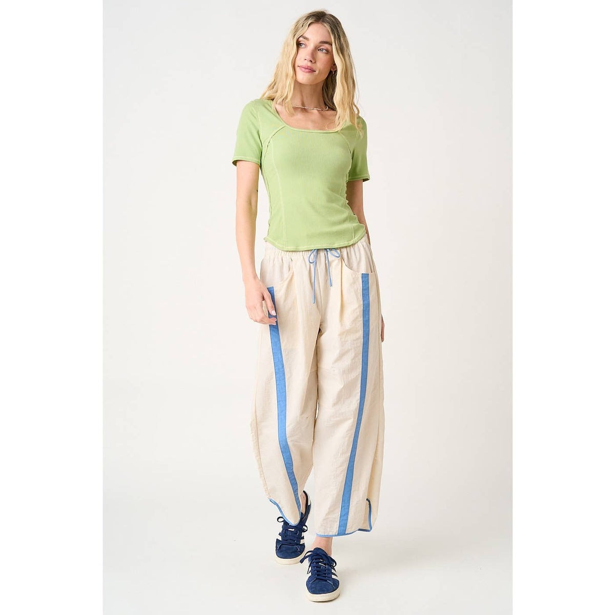 SPORTY STRIPE NYLON PULL ON BARREL LEG PANTS