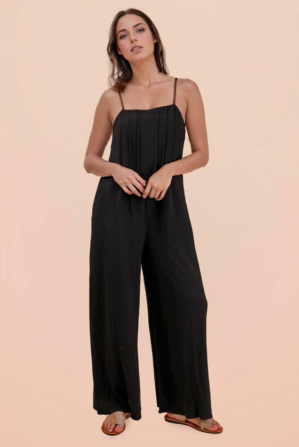 Pleated Solid Woven Sleeveless Jumpsuit