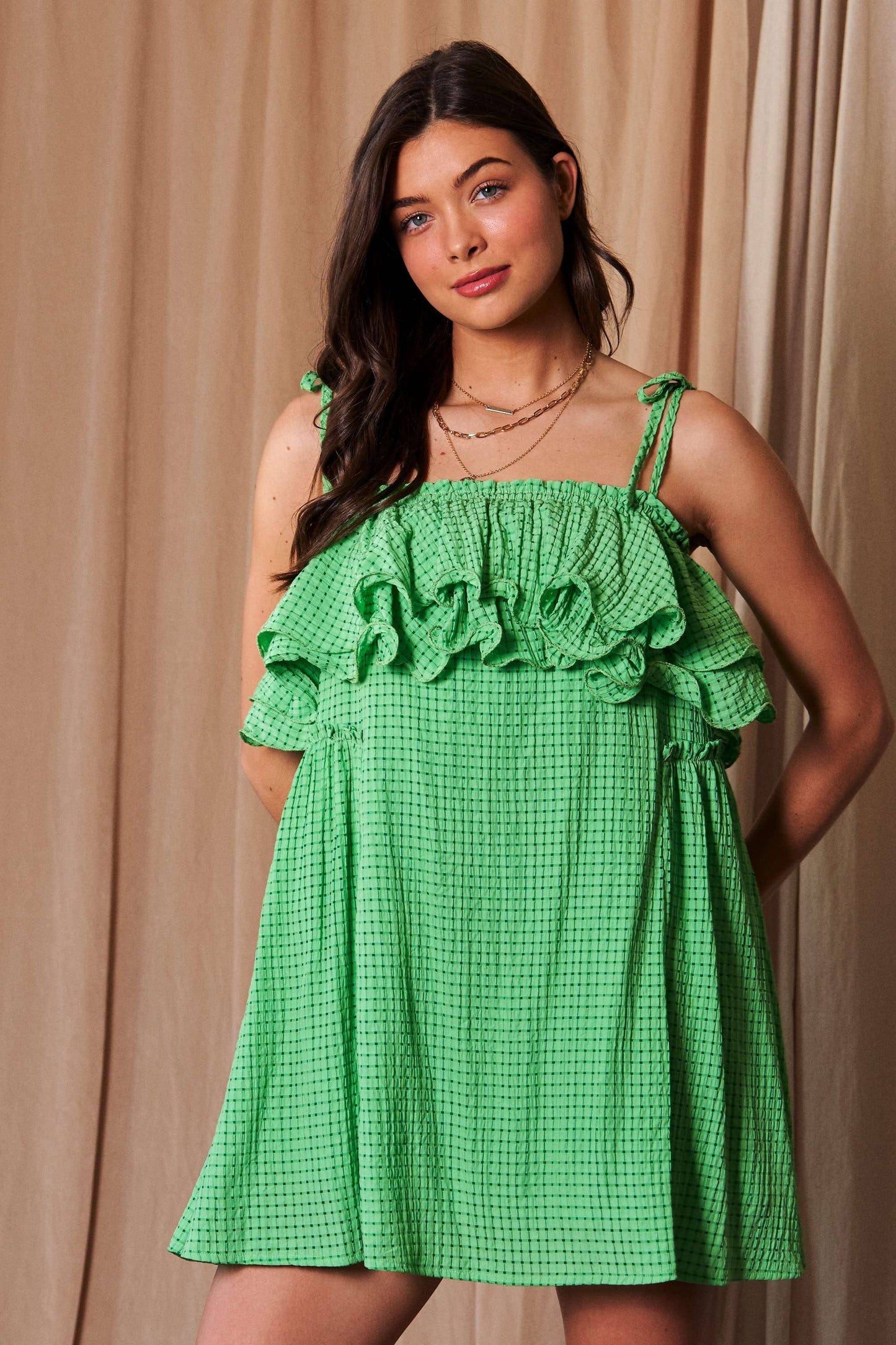 TEXTURED JACQUARD CHECKER FABRIC RUFFLED DRESS