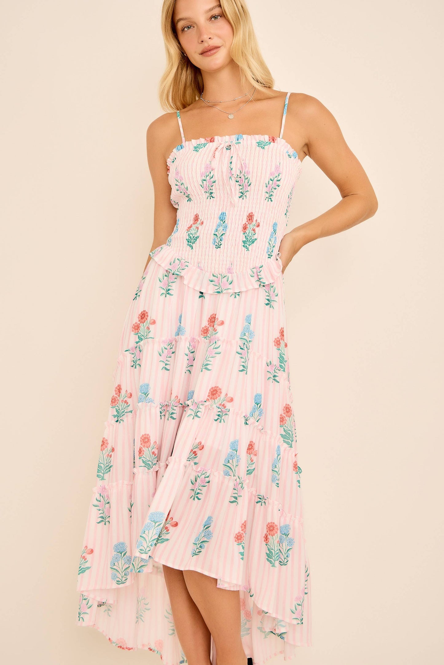 Smocked High-Low Ruffle Tier Strap Midi Dress