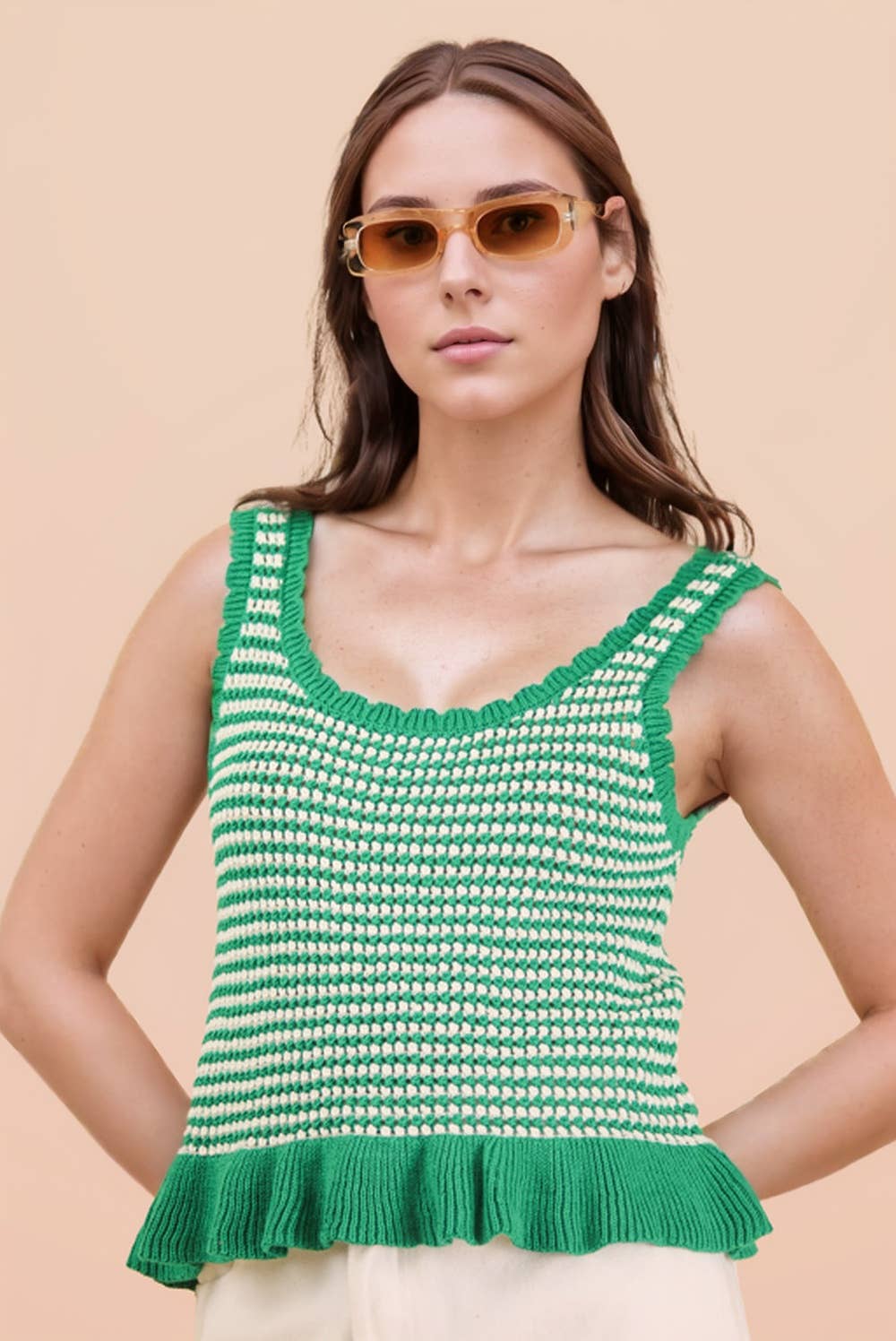 Ruffle Hem Stripe Sleeveless Knit Sweater Top