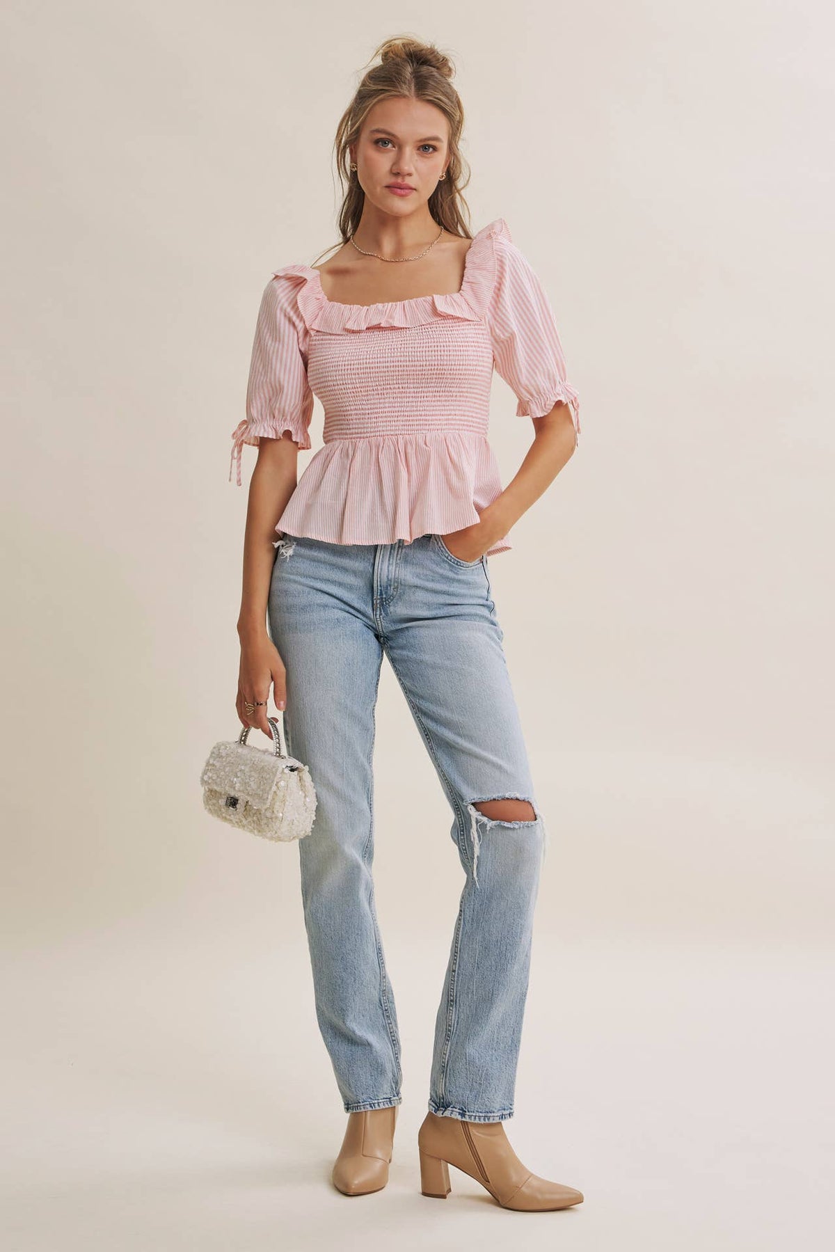 SOFT BREEZE RUFFLE SMOCKED STRIPE PEPLUM BLOUSE WITH BOW