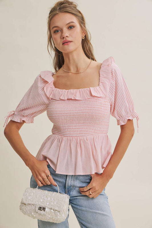SOFT BREEZE RUFFLE SMOCKED STRIPE PEPLUM BLOUSE WITH BOW