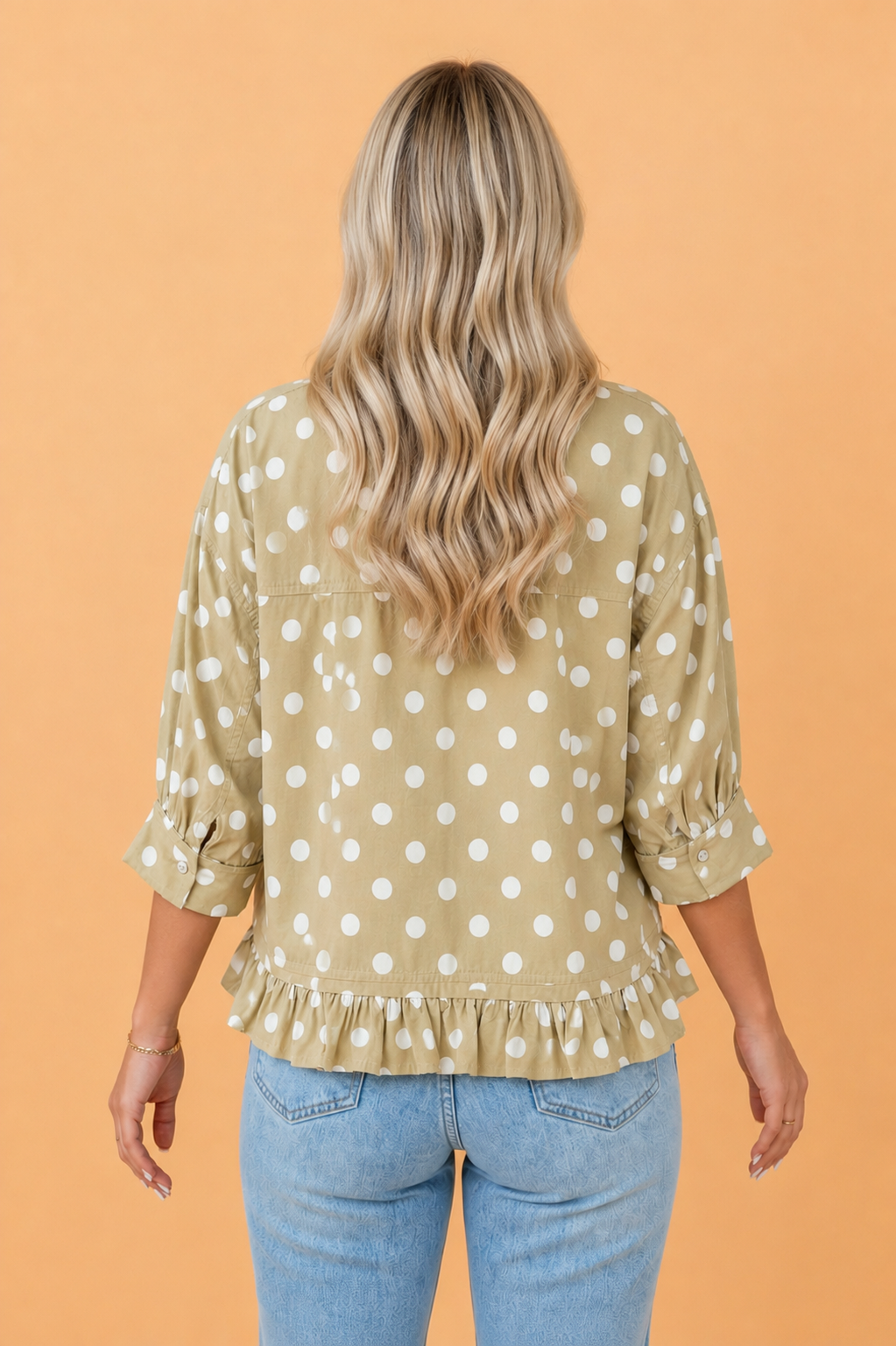 Polka Dot 3/4 Sleeve Ruffle Hem Shirt