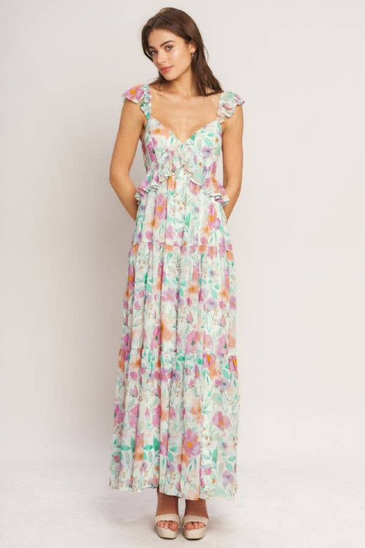 Ruffle Printed Floral Maxi