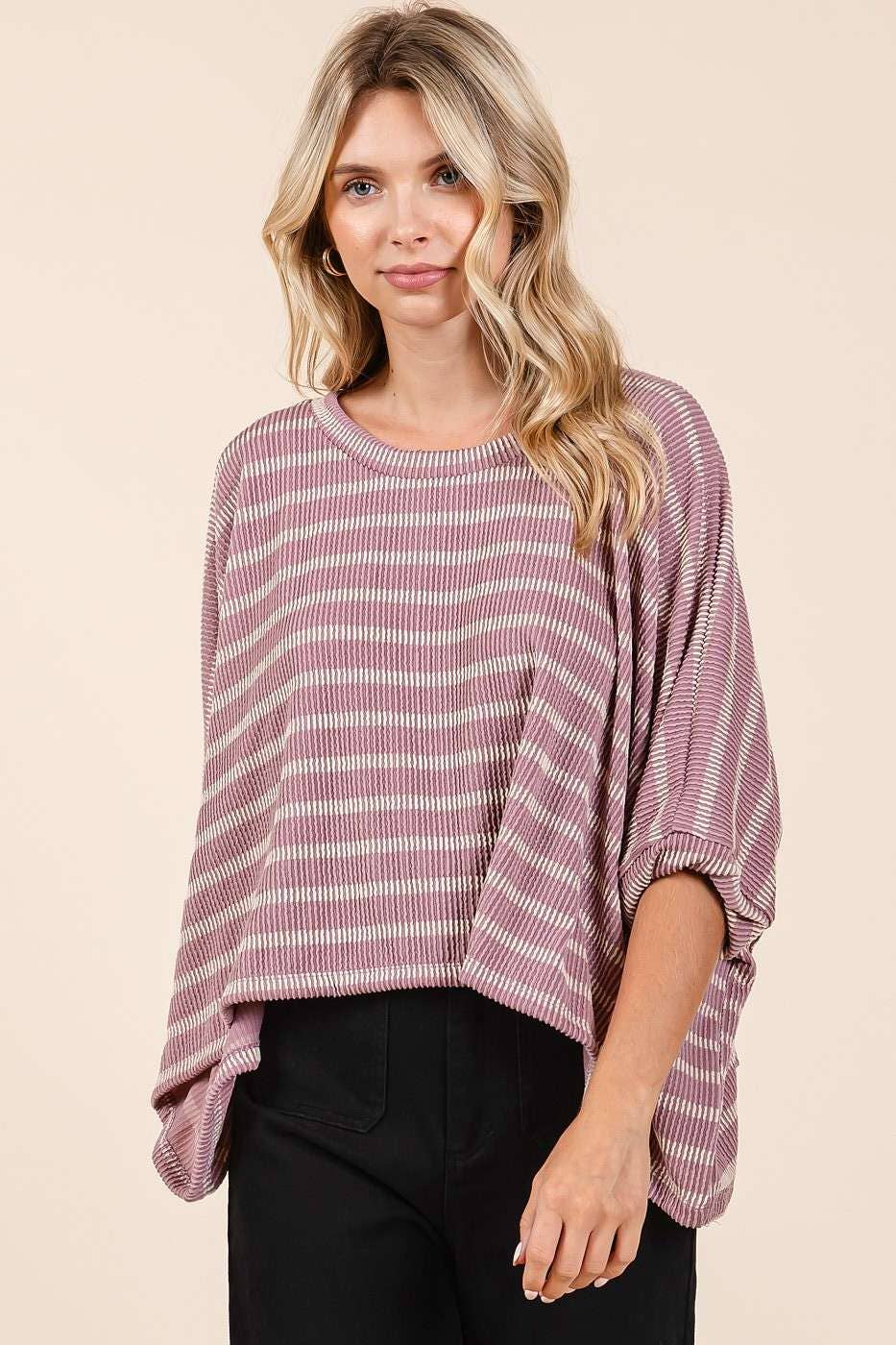 TEXTURE STRIPED PRINT ROUND NECK DOLMAN SLEEVE TOP