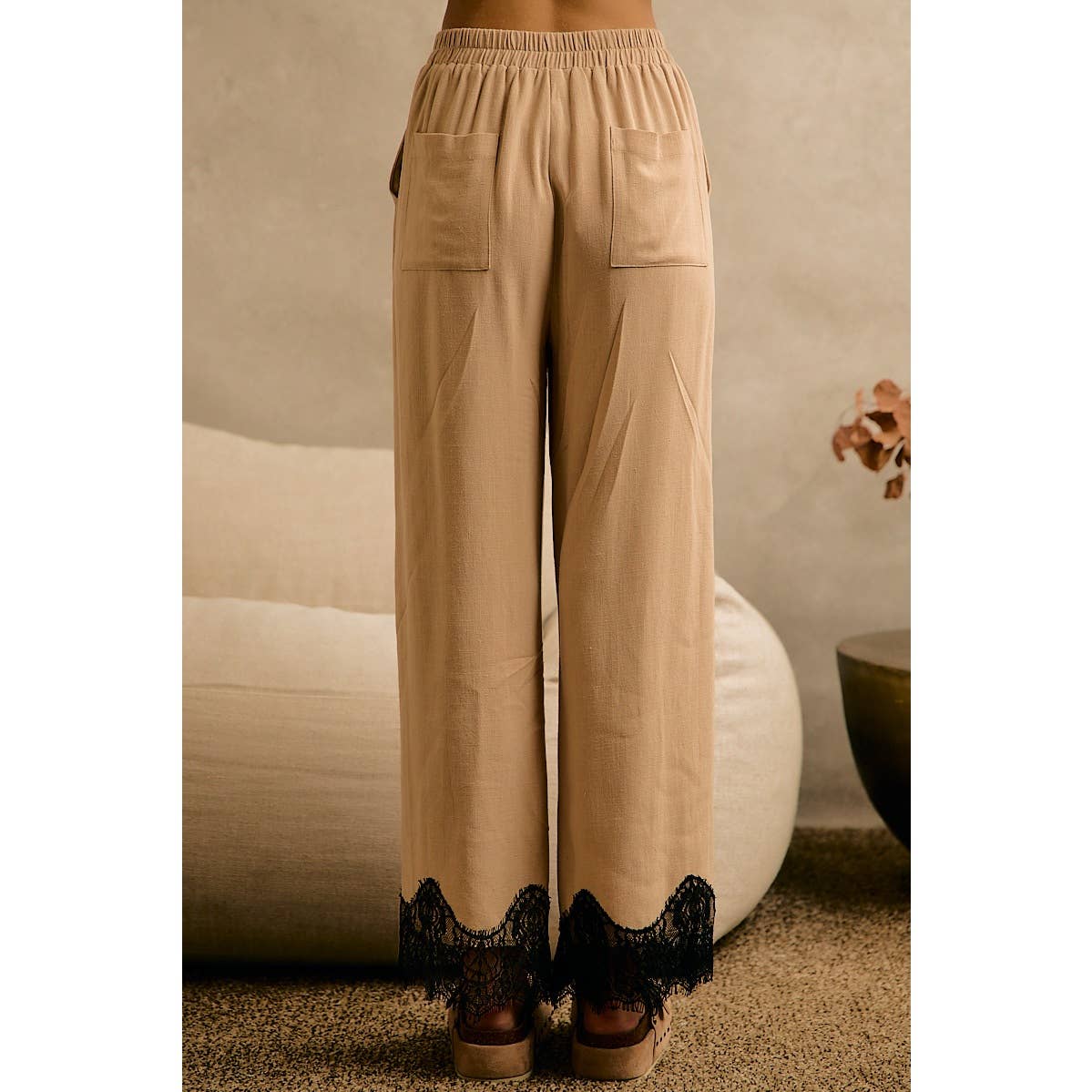 LINEN BLEND LACE TRIM BANDING WAIST PANTS