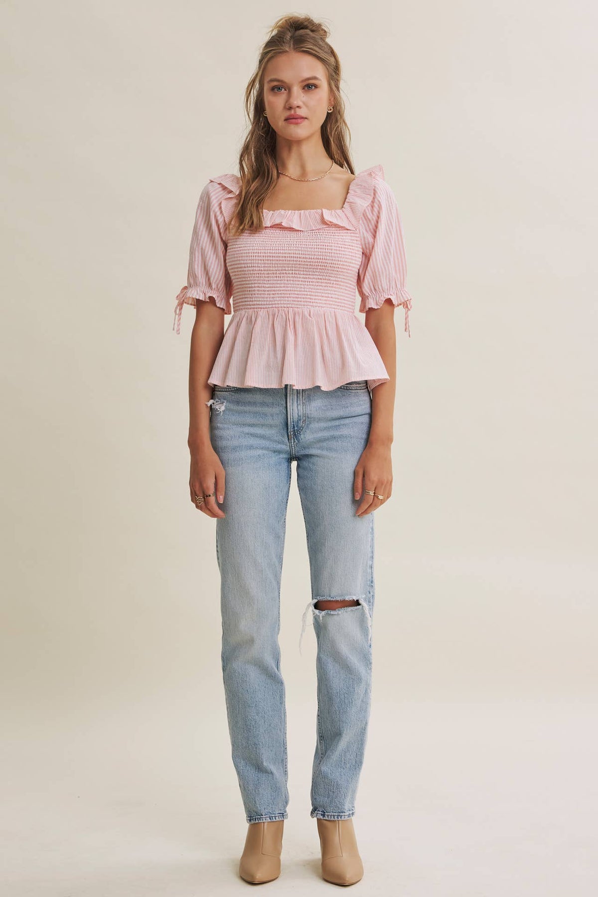 SOFT BREEZE RUFFLE SMOCKED STRIPE PEPLUM BLOUSE WITH BOW