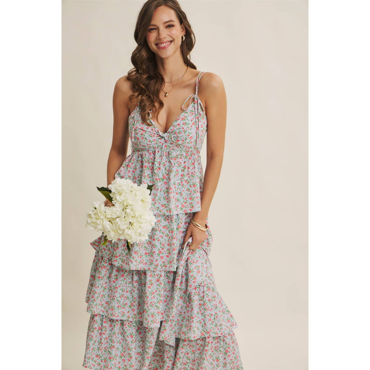 MORNING MEADOW TWISTED FRONT TIERED SMOCKED MAXI DRESS