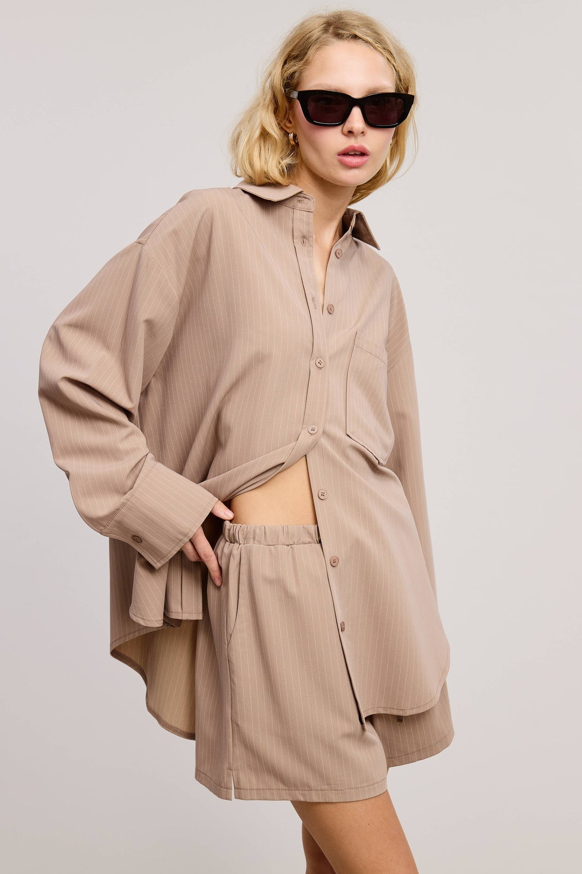 Pinstripe Button Down Shirt and Shorts Set