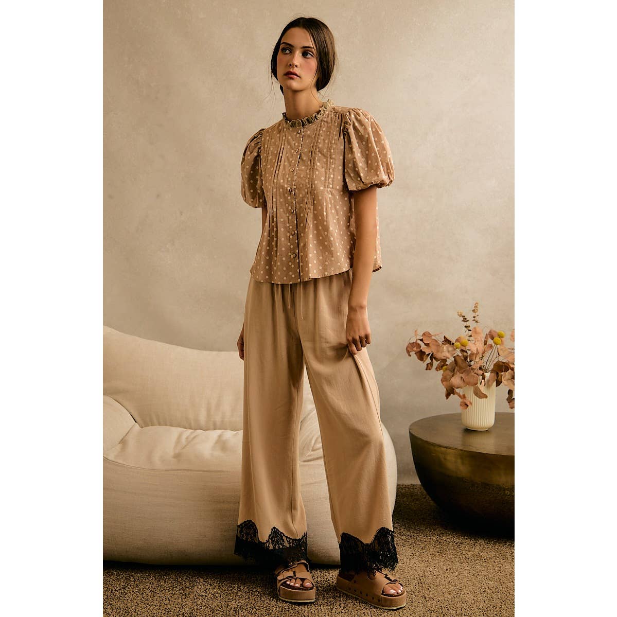 LINEN BLEND LACE TRIM BANDING WAIST PANTS