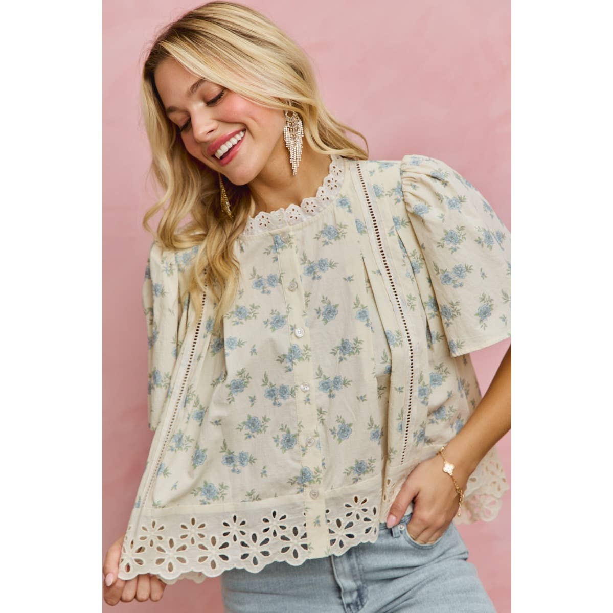 FLORAL PRINT LACE TRIM FLUTTER SLEEVES BLOUSE