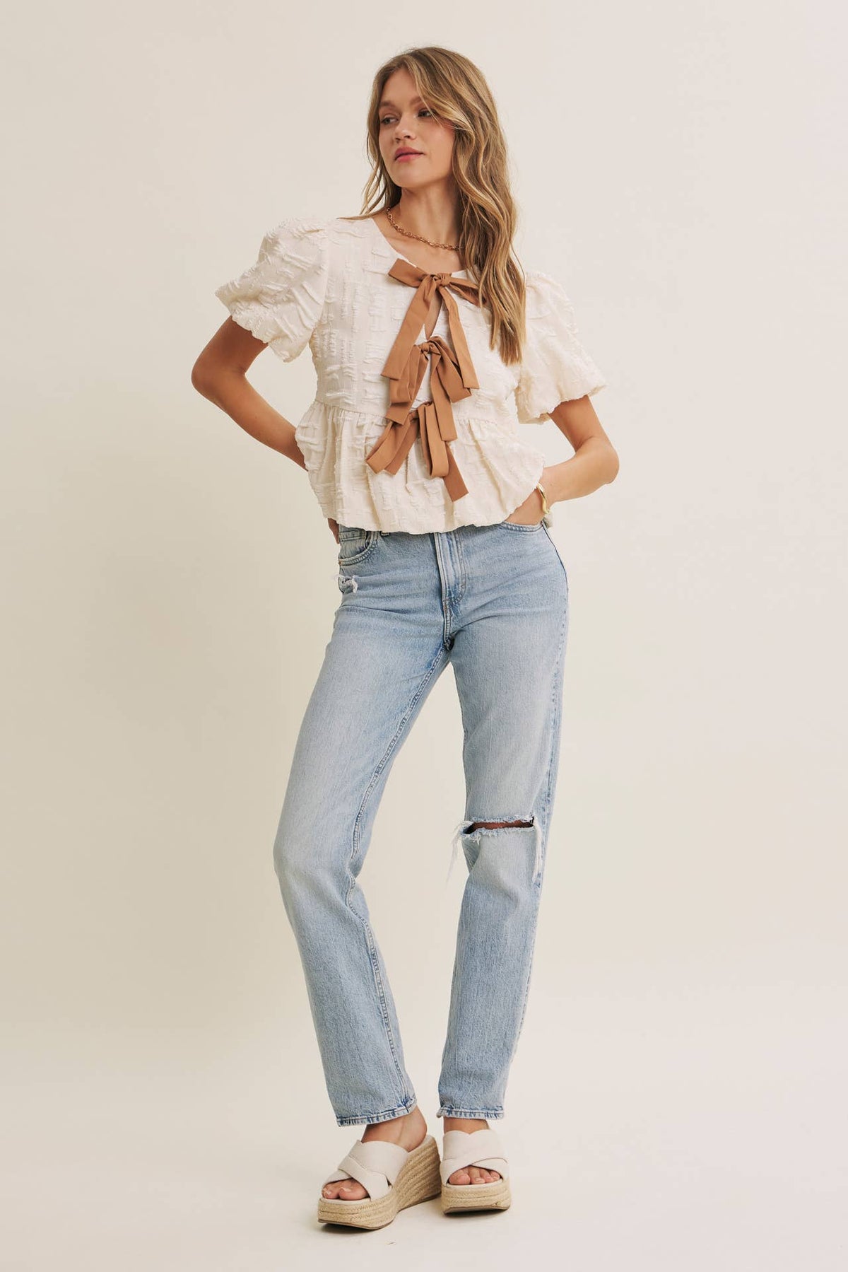 BESTSELLER ROMANTIC TEXTURED CONTRAST BOW PEPLUM BLOUSE