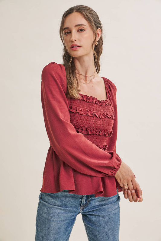 ROSEWOOD EVENING SQUARE NECK SMOCKED PEPLUM BLOUSE