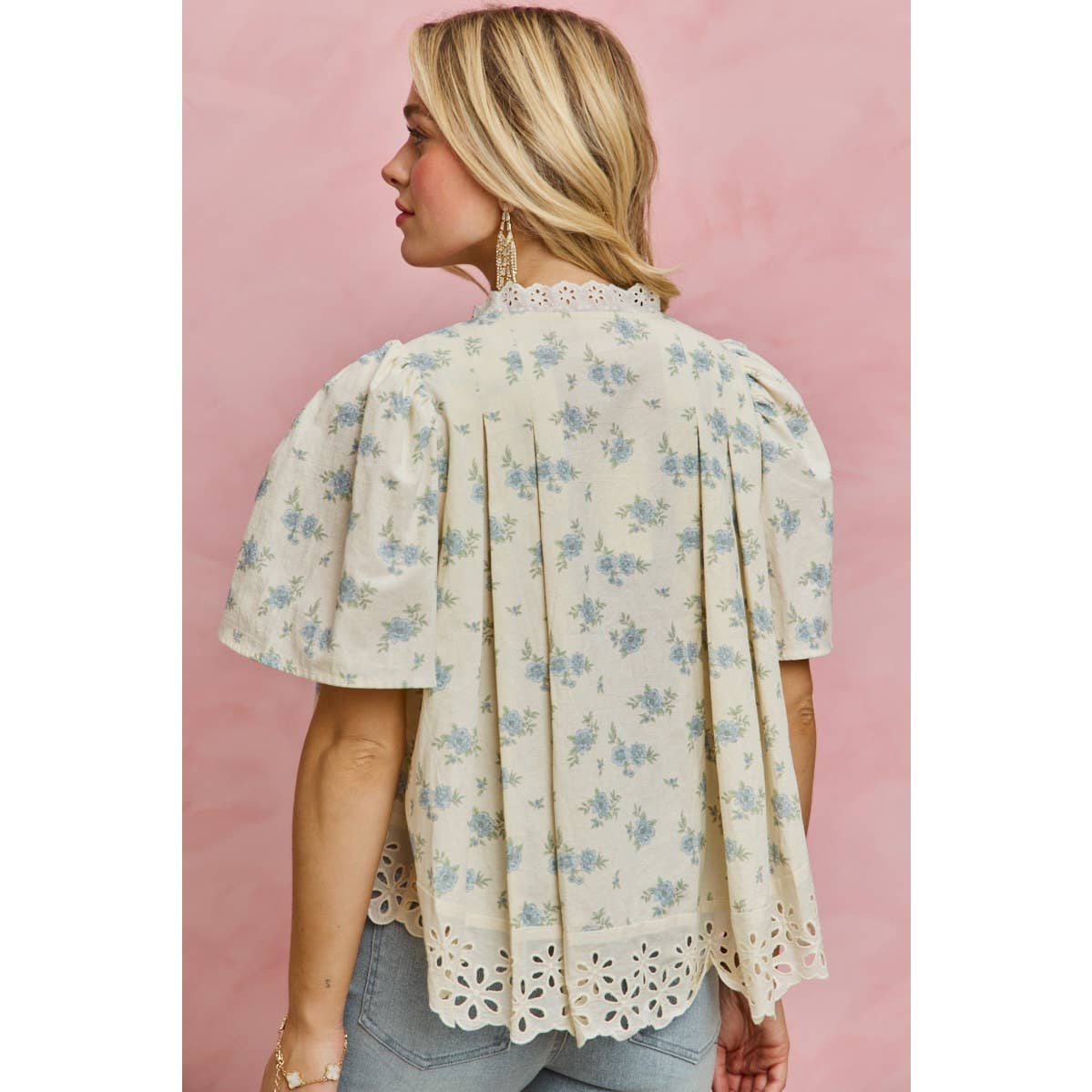 FLORAL PRINT LACE TRIM FLUTTER SLEEVES BLOUSE