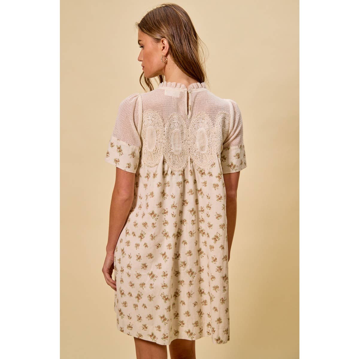 FLORAL PRINT LACE TRIM SHORT SLEEVES MINI DRESS