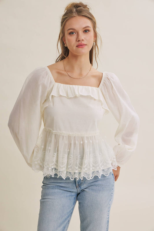 SUNDAY GARDEN EMBROIDERED LACE COTTON BABYDOLL BLOUSE